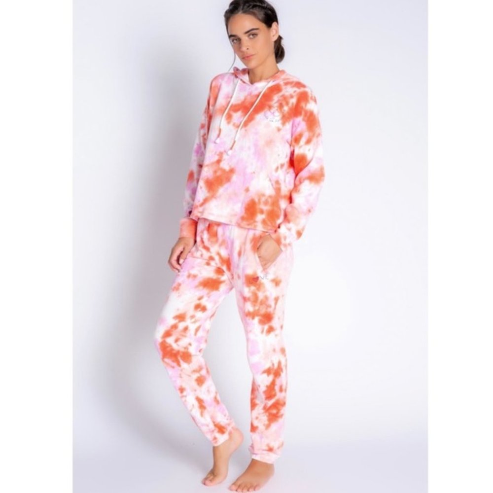 P.J. SALVAGE Fire Tie-Dye Lounge Set Sweater/Sweatpants Medium NWT Orange/Pink